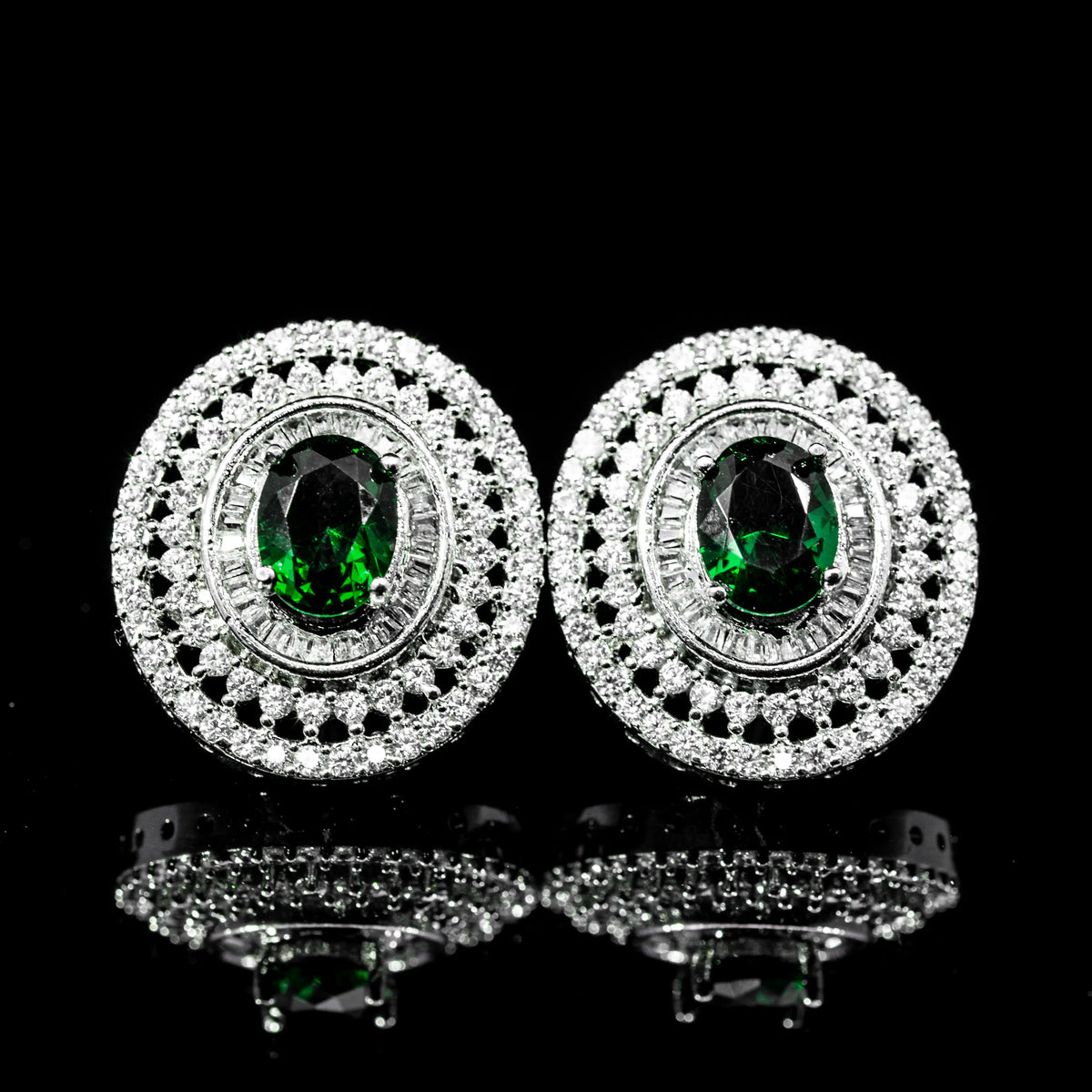 Imperial Pearl Halo Green White Premium Quality Zircon Rhodium Plated Bridal Set
