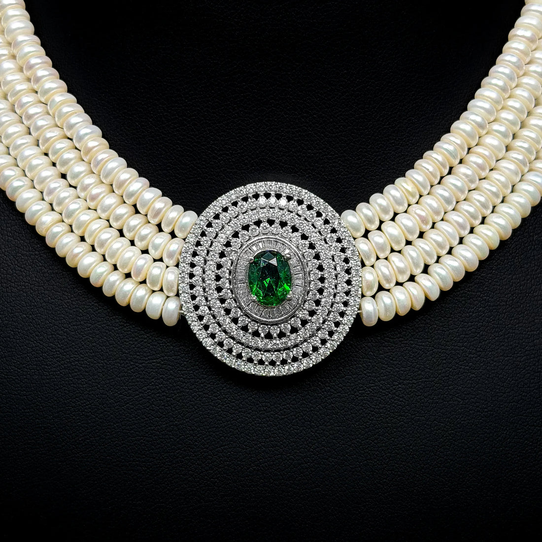 Imperial Pearl Halo Green White Premium Quality Zircon Rhodium Plated Bridal Set