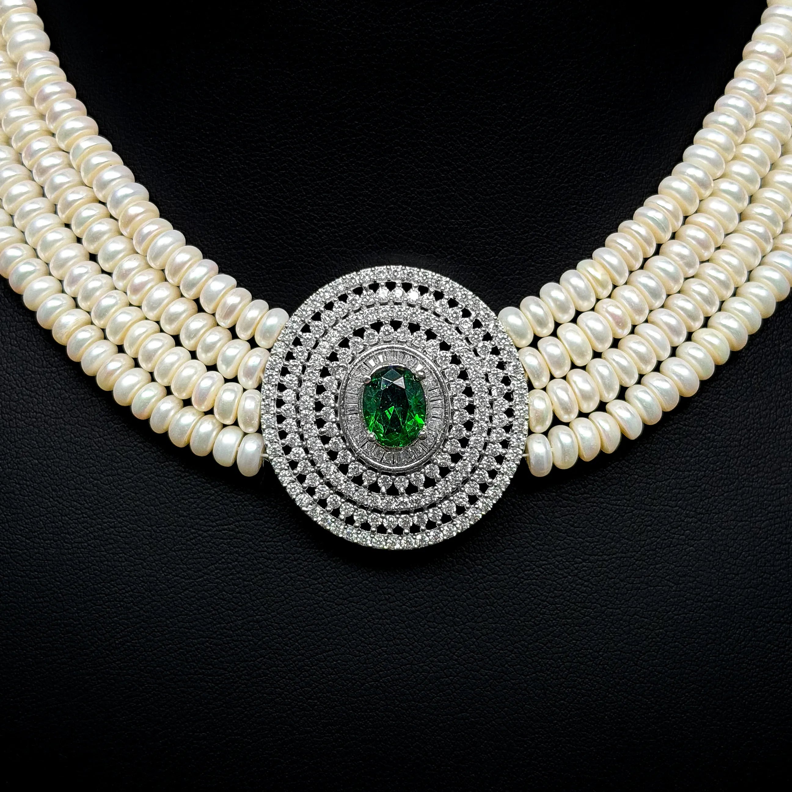 Imperial Pearl Halo Green White Premium Quality Zircon Rhodium Plated Bridal Set