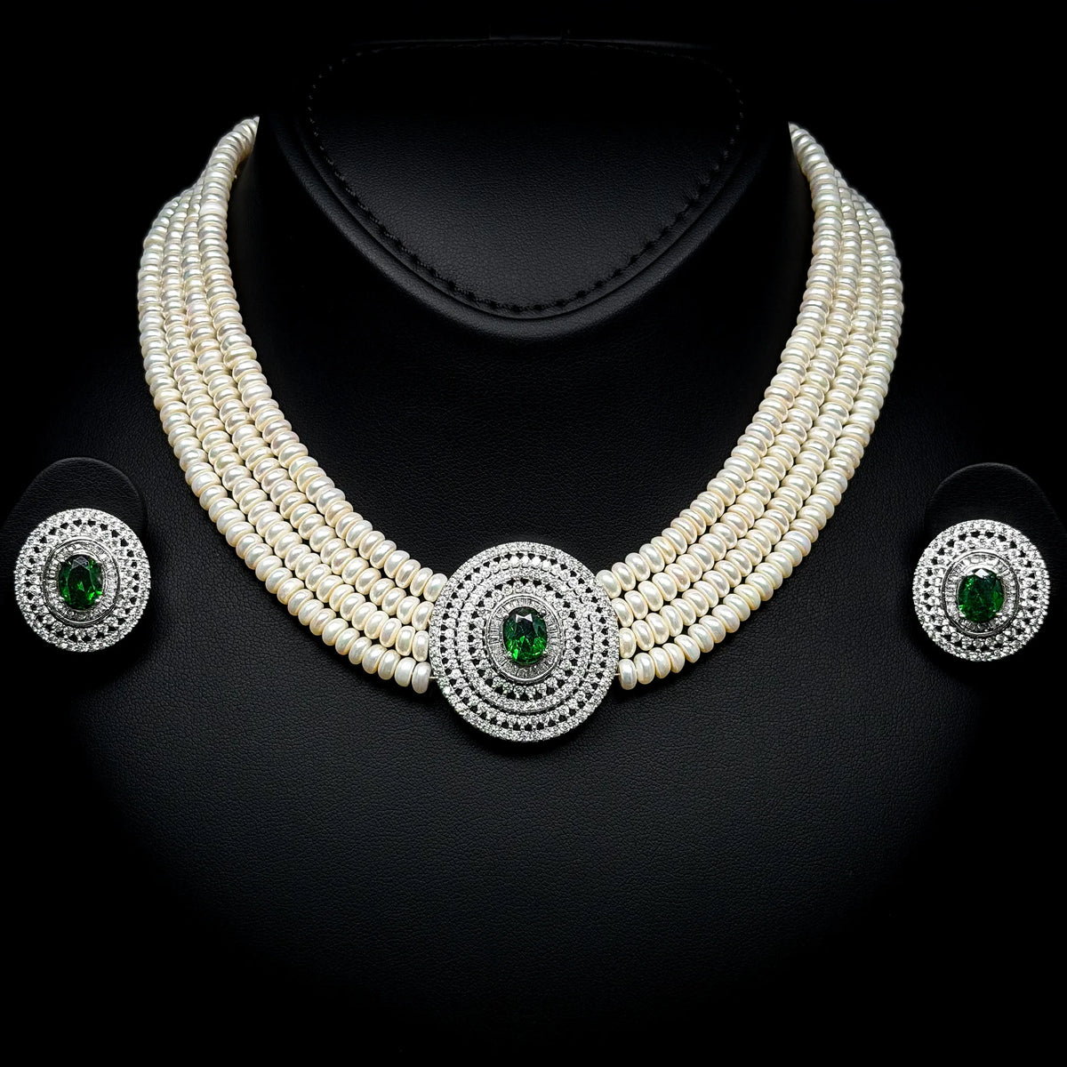 Imperial Pearl Halo Green White Premium Quality Zircon Rhodium Plated Bridal Set
