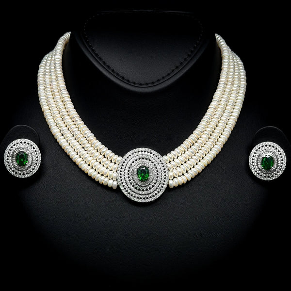 Imperial Pearl Halo Green White Premium Quality Zircon Rhodium Plated Bridal Set
