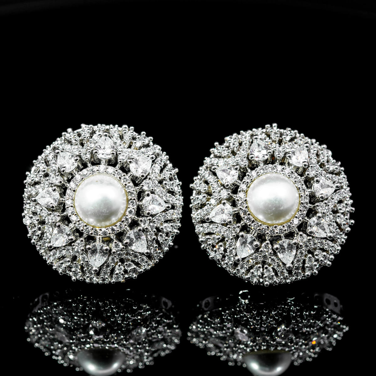 Majestic Long Pearl Medallion White Premium Quality Zircon Rhodium Plated Wedding Set