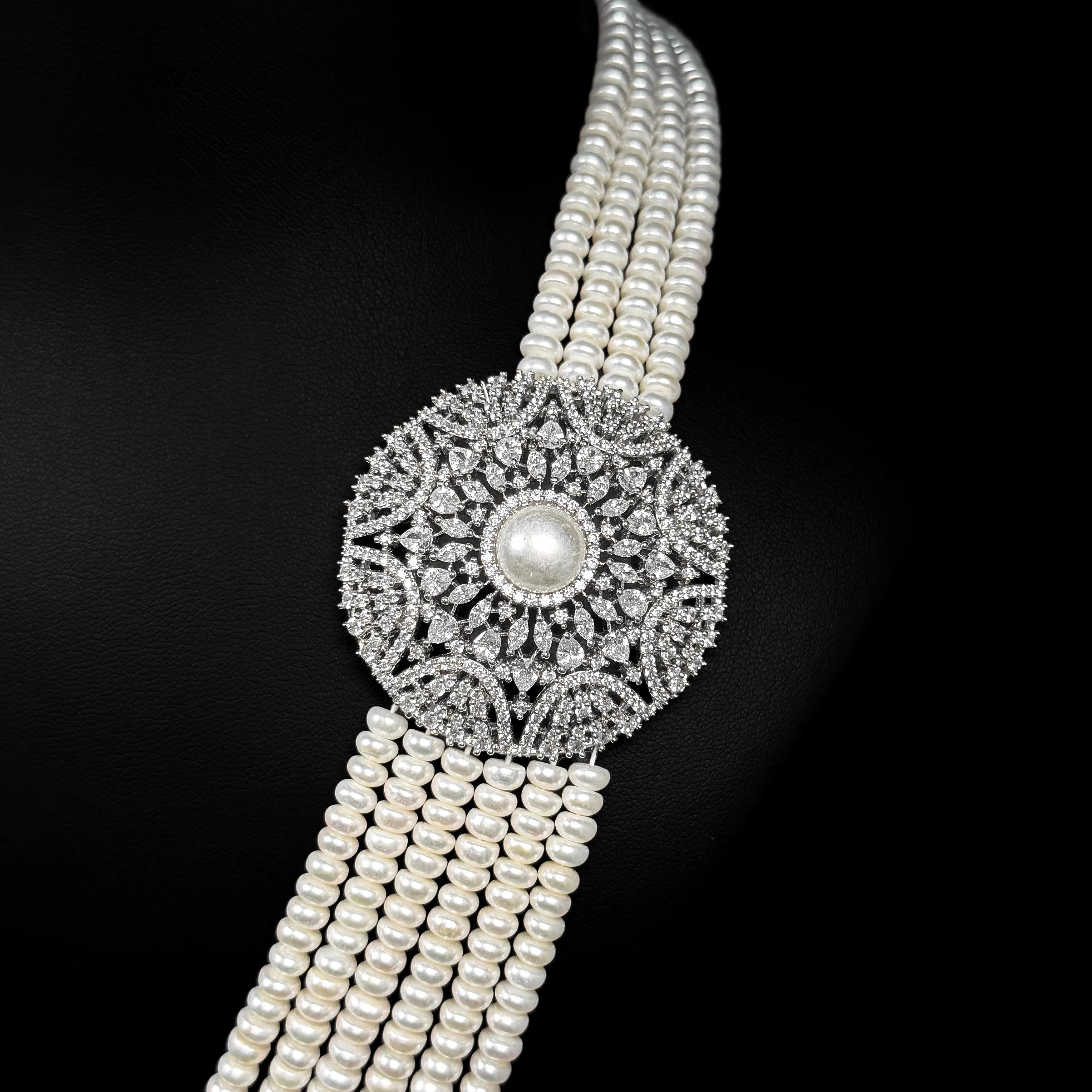 Majestic Long Pearl Medallion White Premium Quality Zircon Rhodium Plated Wedding Set