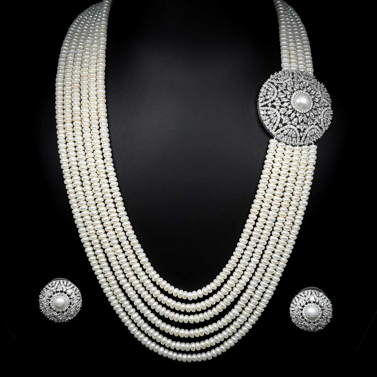 Majestic Long Pearl Medallion White Premium Quality Zircon Rhodium Plated Wedding Set