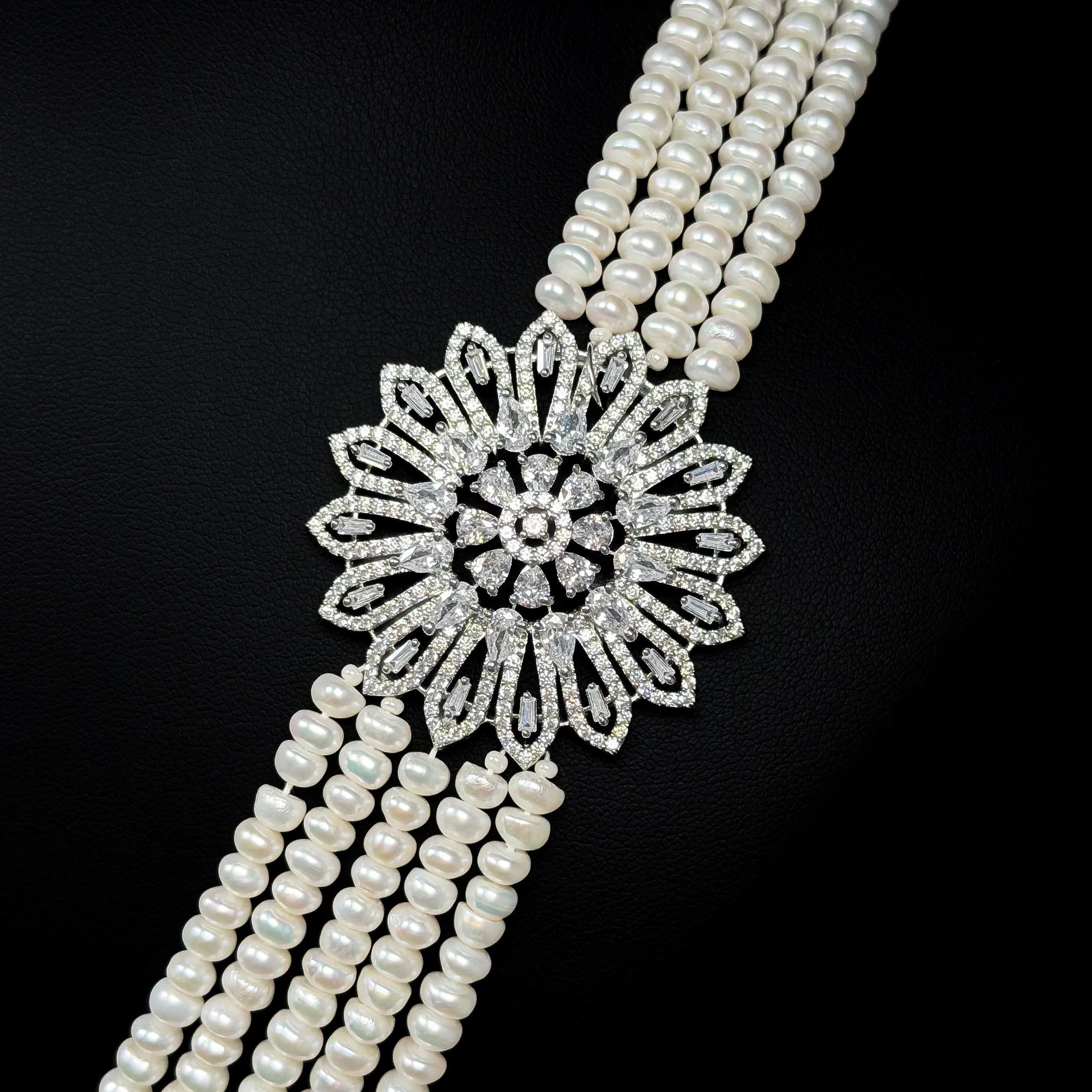 Royal Long Pearl Bloom White Premium Quality Zircon Rhodium Plated Luxury Bridal Set