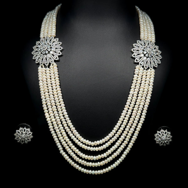 Royal Long Pearl Bloom White Premium Quality Zircon Rhodium Plated Luxury Bridal Set