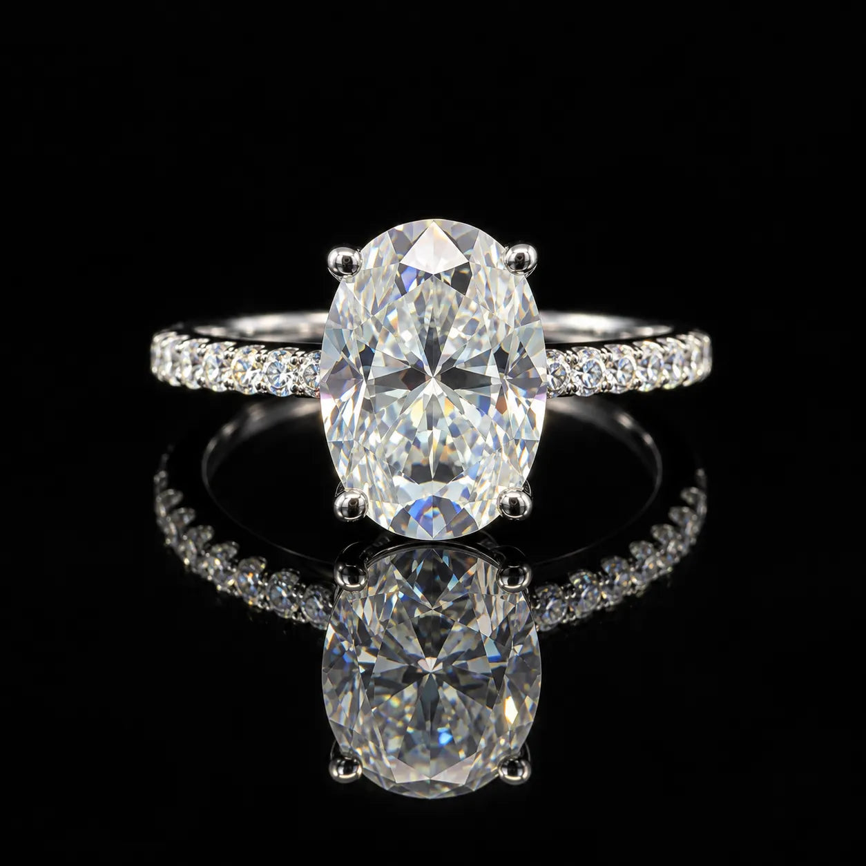 Oval Cut Pave Bridal GRA Certified Moissanite Ring in Rhodium Plated 925 Sterling Silver – 3.76 Carat
