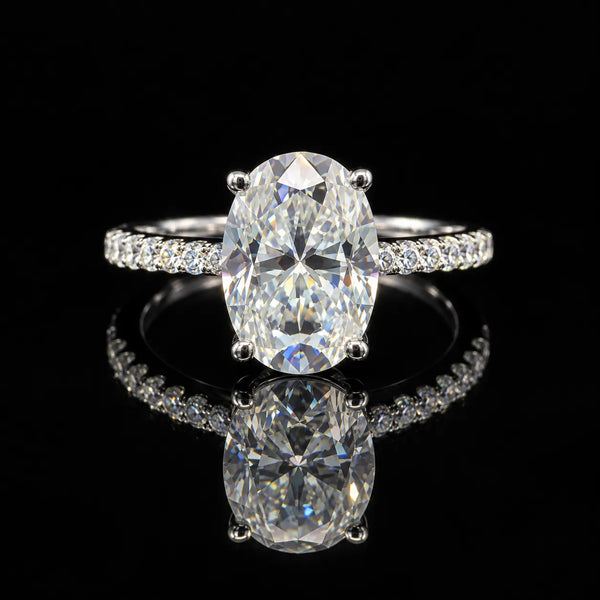 Oval Cut Pave Bridal GRA Certified Moissanite Ring in Rhodium Plated 925 Sterling Silver – 3.76 Carat