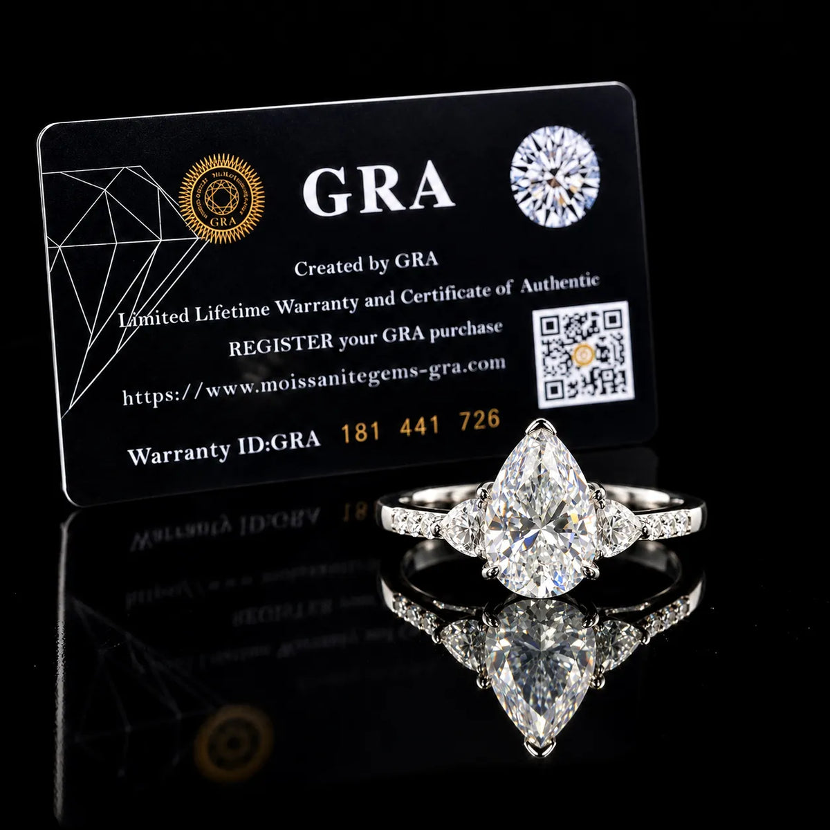 Pear Cut Three Stone Bridal GRA Certified Moissanite Ring in Rhodium Plated 925 Sterling Silver – 3.6 Carat