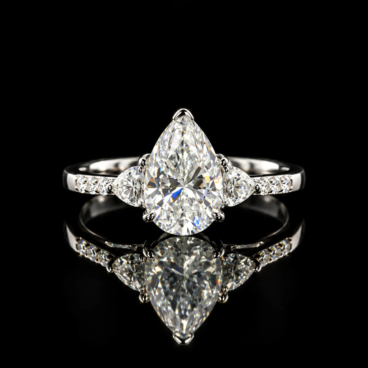 Pear Cut Three Stone Bridal GRA Certified Moissanite Ring in Rhodium Plated 925 Sterling Silver – 3.6 Carat