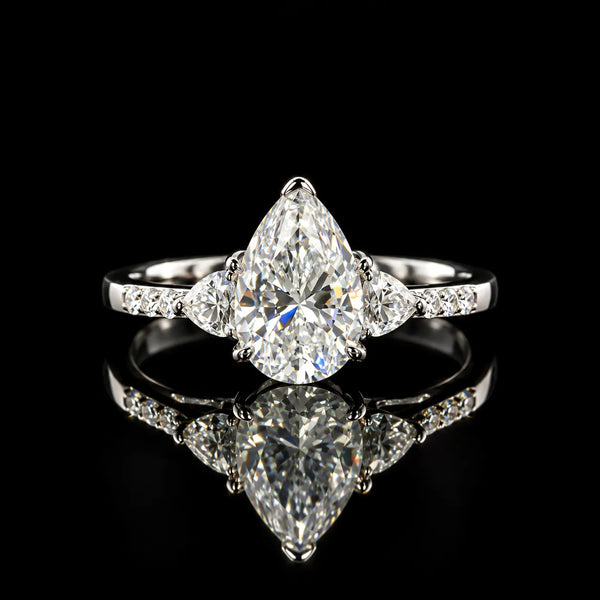 Pear Cut Three Stone Bridal GRA Certified Moissanite Ring in Rhodium Plated 925 Sterling Silver – 3.6 Carat