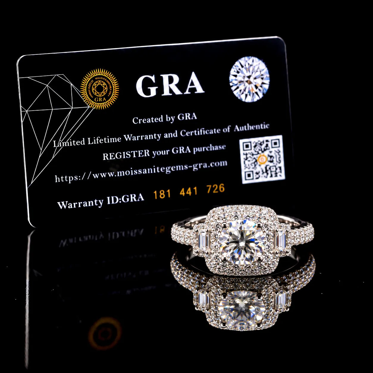 Round Cut Luxury Halo GRA Certified Moissanite Ring in Rhodium Plated 925 Sterling Silver – 2.53 Carat