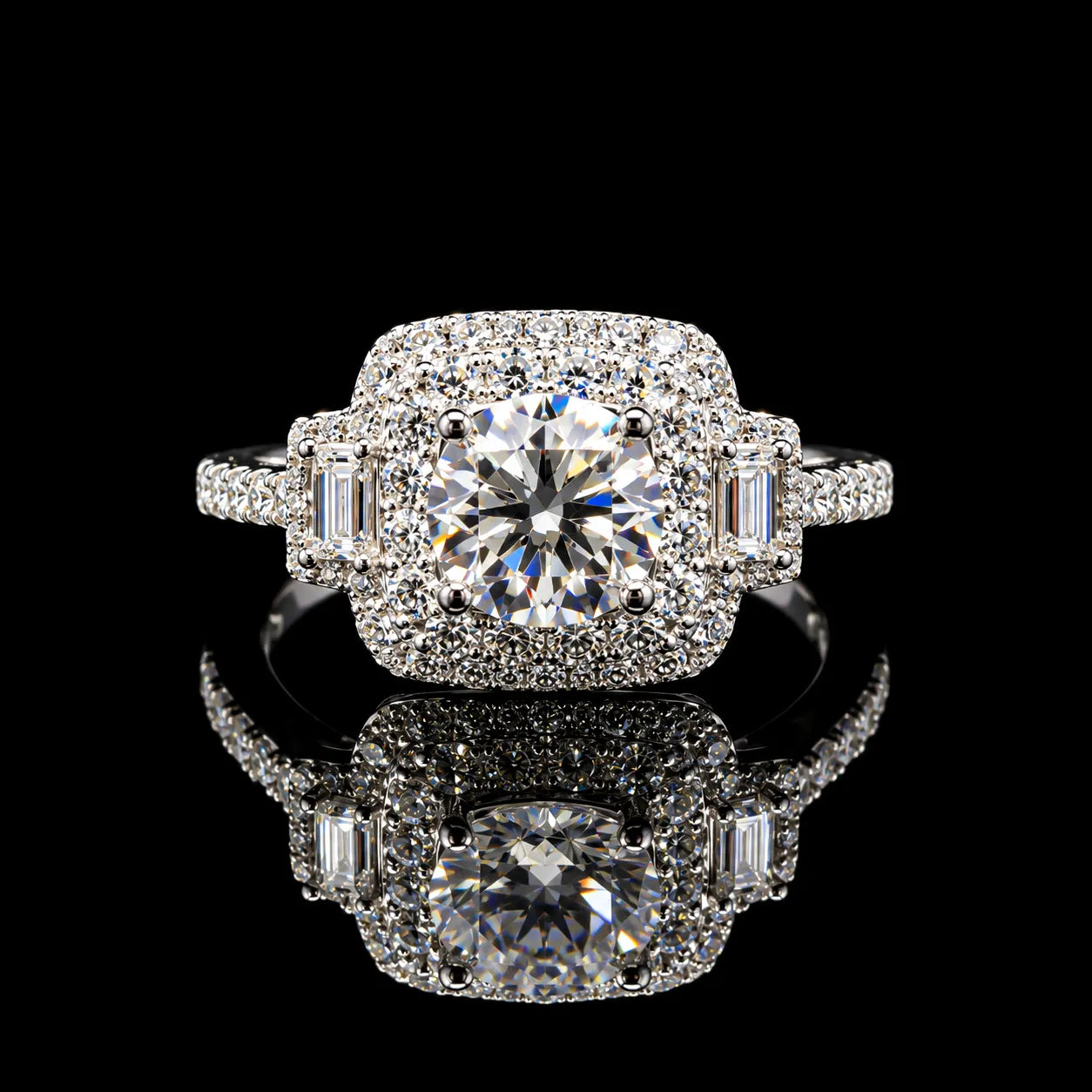 Round Cut Luxury Halo GRA Certified Moissanite Ring in Rhodium Plated 925 Sterling Silver – 2.53 Carat