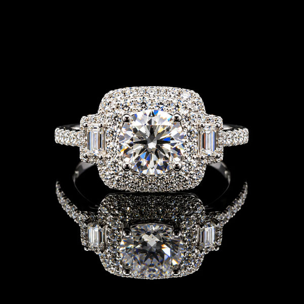 Round Cut Luxury Halo GRA Certified Moissanite Ring in Rhodium Plated 925 Sterling Silver – 2.53 Carat