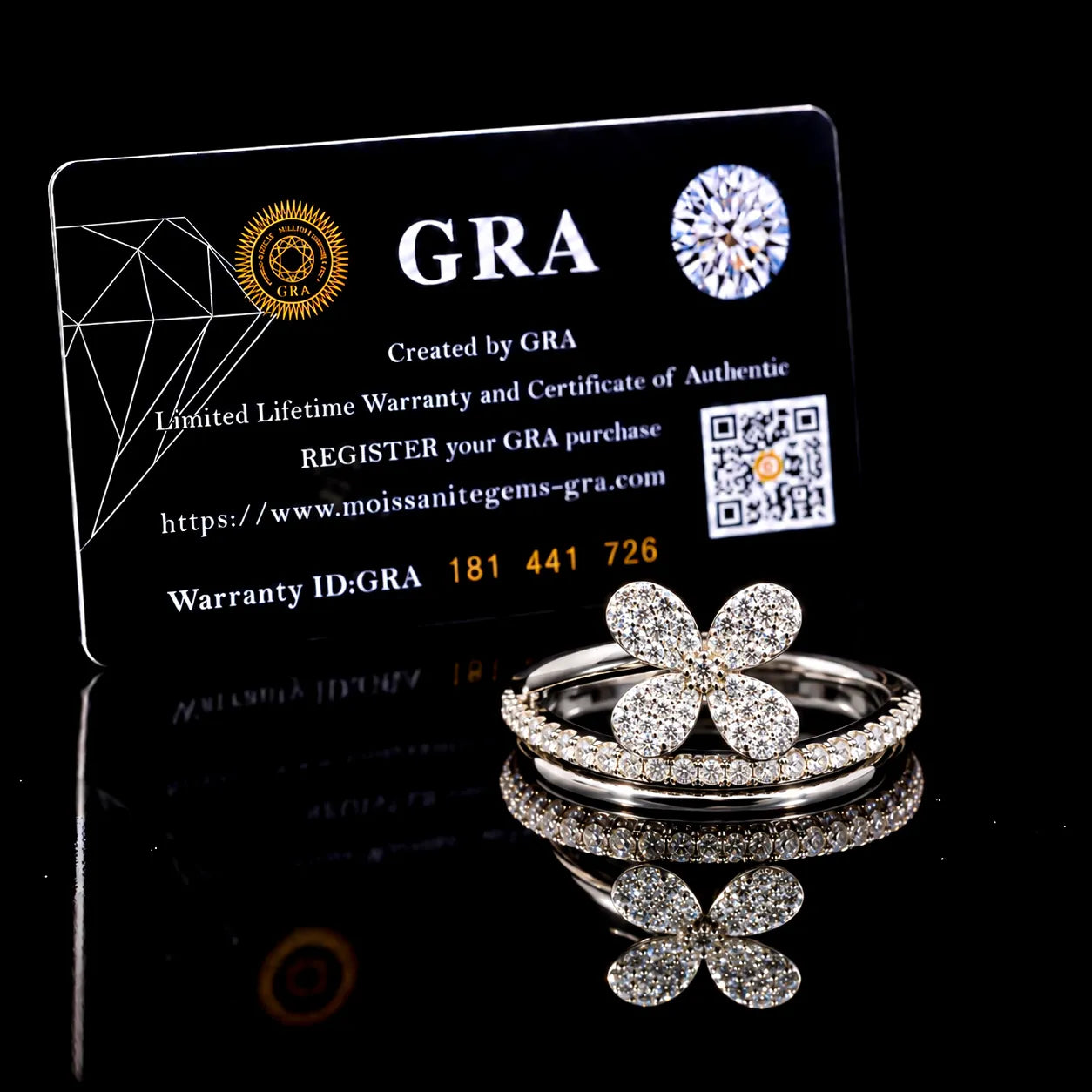 Round Cut Floral Stack GRA Certified Moissanite Ring in Rhodium Plated 925 Sterling Silver – 0.42 Carat