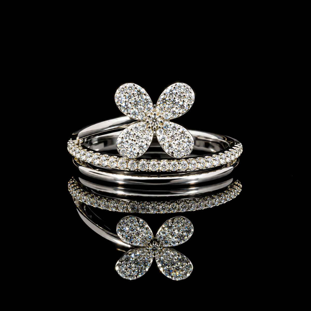 Round Cut Floral Stack GRA Certified Moissanite Ring in Rhodium Plated 925 Sterling Silver – 0.42 Carat