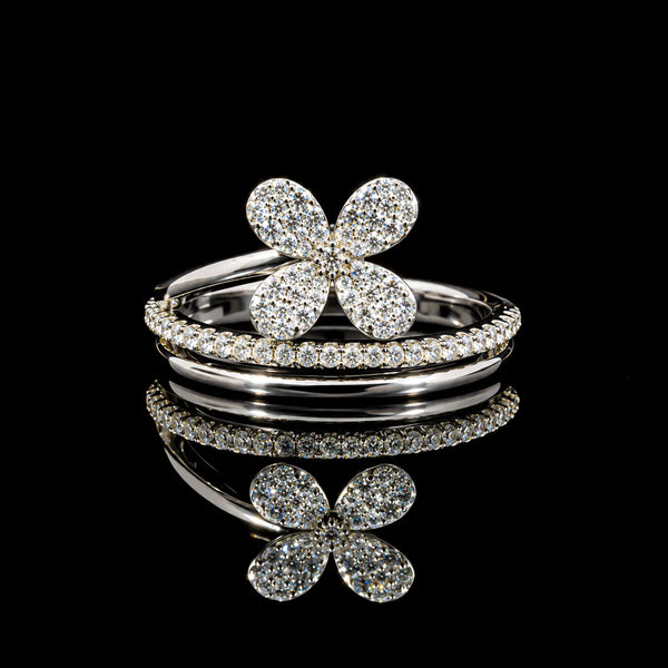 Round Cut Floral Stack GRA Certified Moissanite Ring in Rhodium Plated 925 Sterling Silver – 0.42 Carat