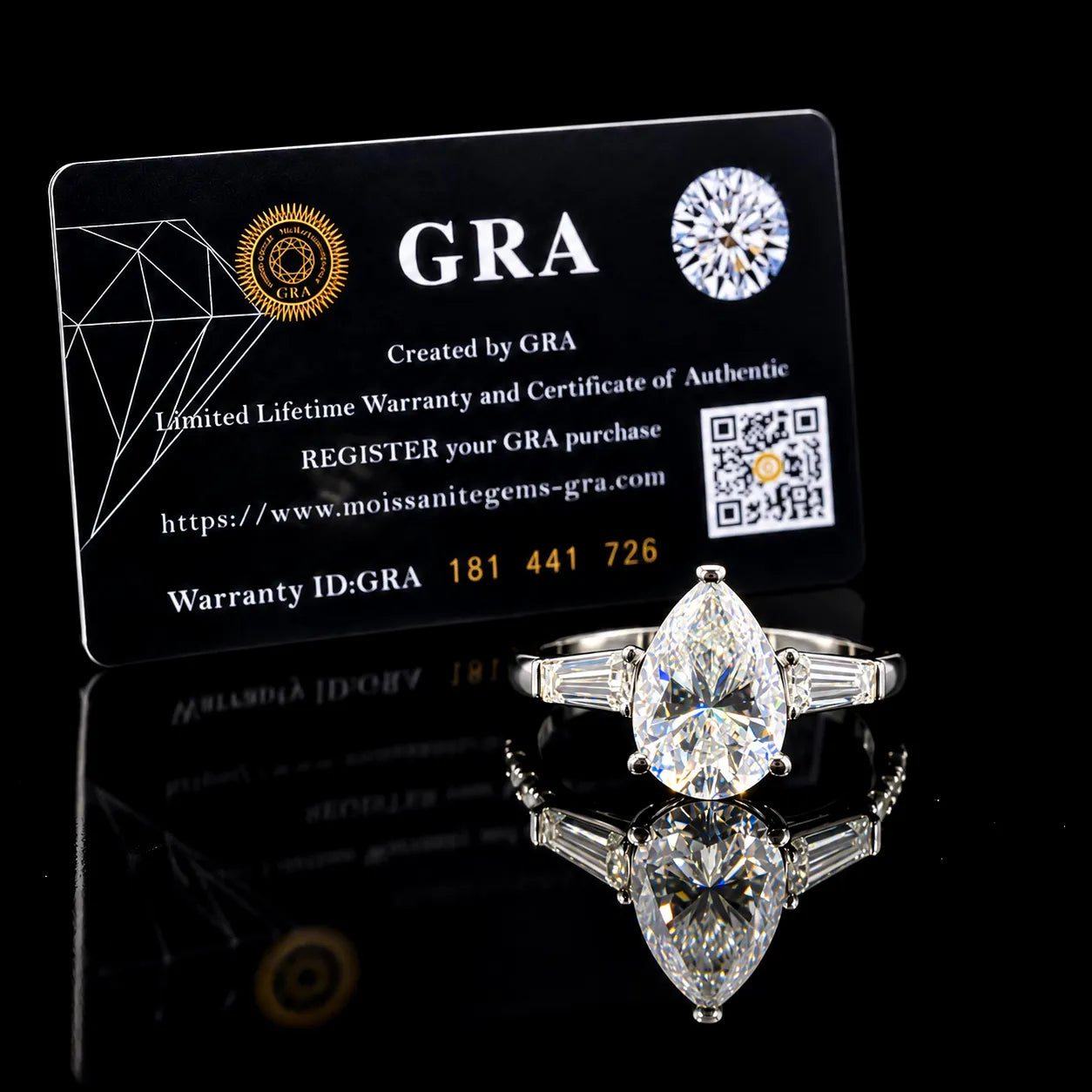Pear Cut Three Stone GRA Certified Moissanite Ring in Rhodium Plated 925 Sterling Silver – 3.38 Carat