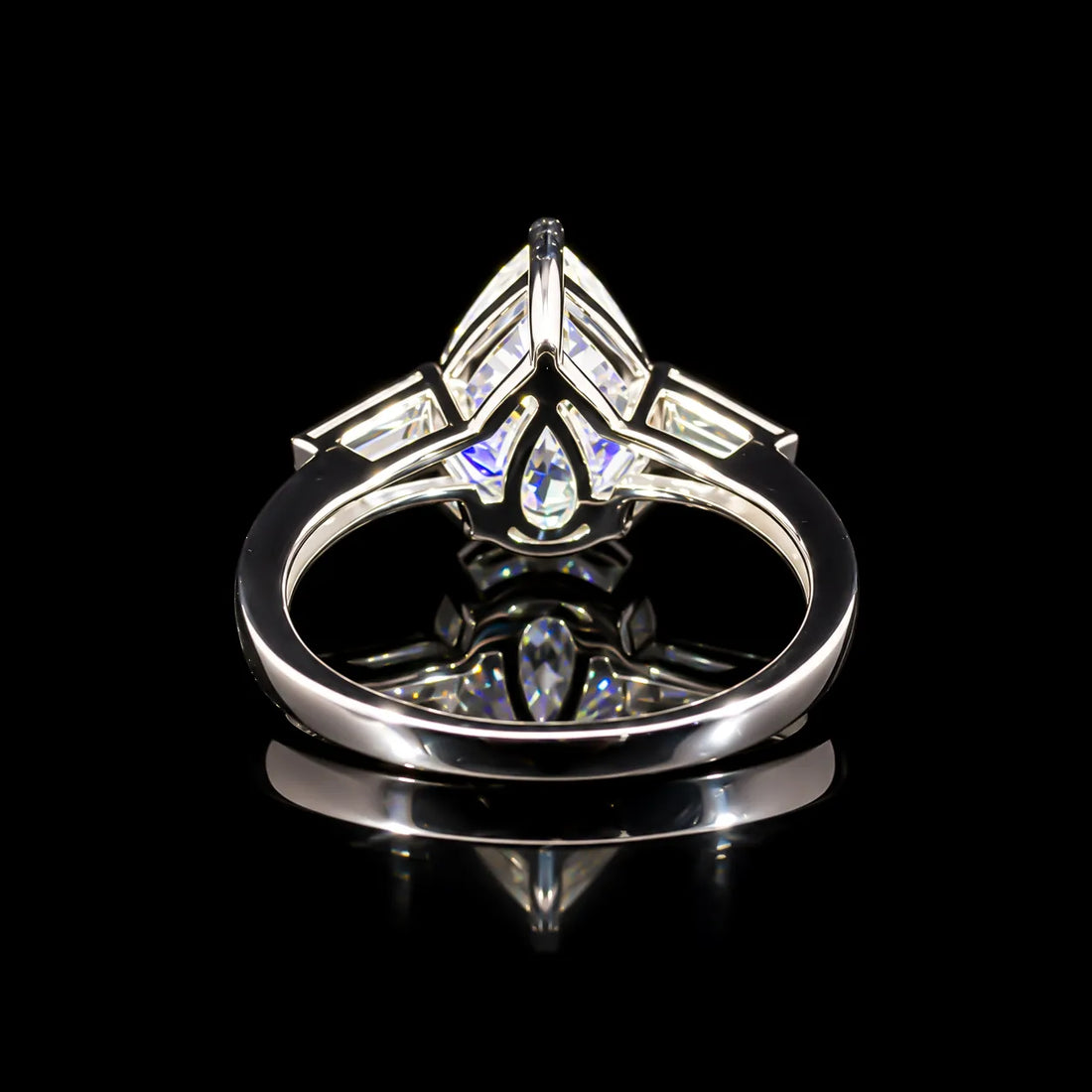Pear Cut Three Stone GRA Certified Moissanite Ring in Rhodium Plated 925 Sterling Silver – 3.38 Carat