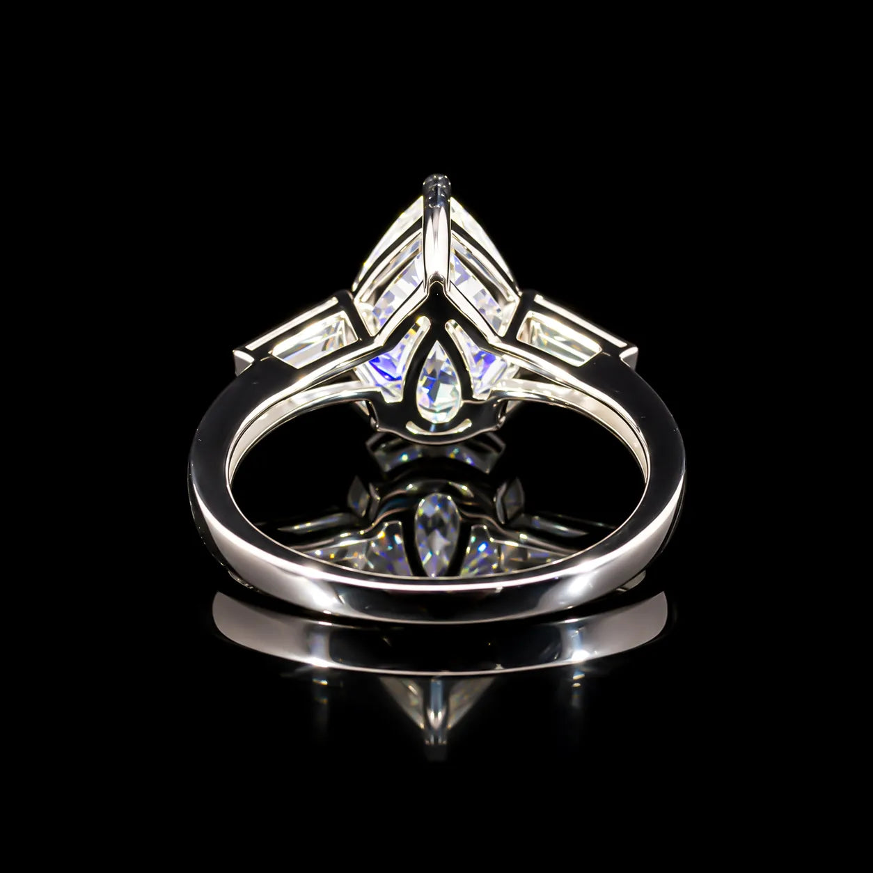 Pear Cut Three Stone GRA Certified Moissanite Ring in Rhodium Plated 925 Sterling Silver – 3.38 Carat