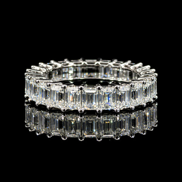 Emerald Cut Eternity GRA Certified Moissanite Ring in Rhodium Plated 925 Sterling Silver – 3.50 Carat