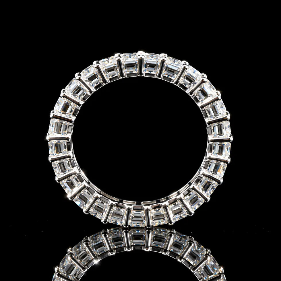Emerald Cut Eternity GRA Certified Moissanite Ring in Rhodium Plated 925 Sterling Silver – 3.50 Carat