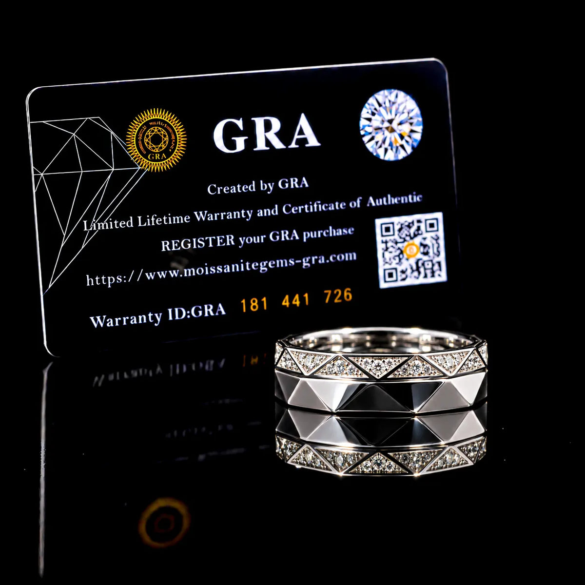 Round Cut Modern Geometric GRA Certified Moissanite Ring in Rhodium Plated 925 Sterling Silver – 0.17 Carat
