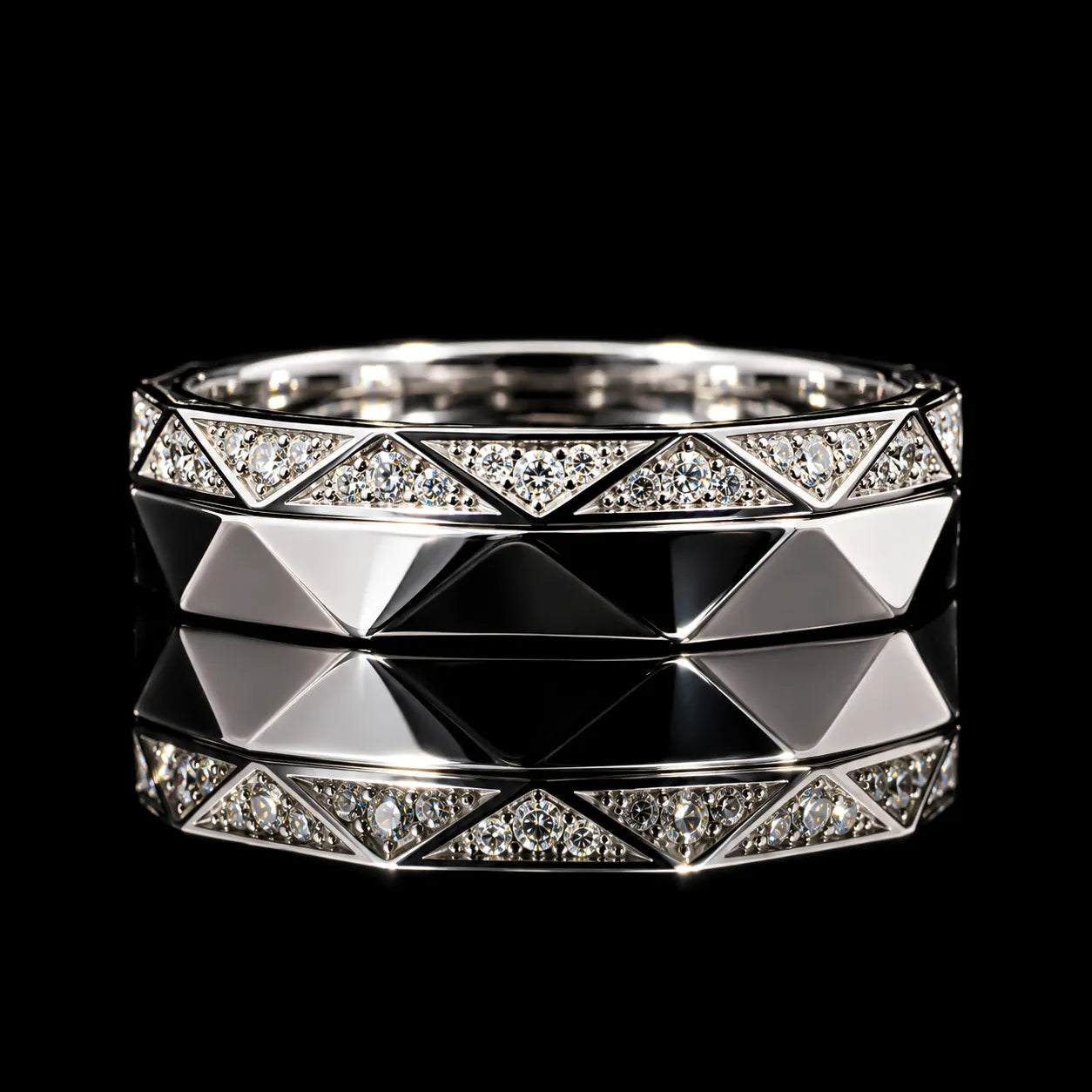 Round Cut Modern Geometric GRA Certified Moissanite Ring in Rhodium Plated 925 Sterling Silver – 0.17 Carat