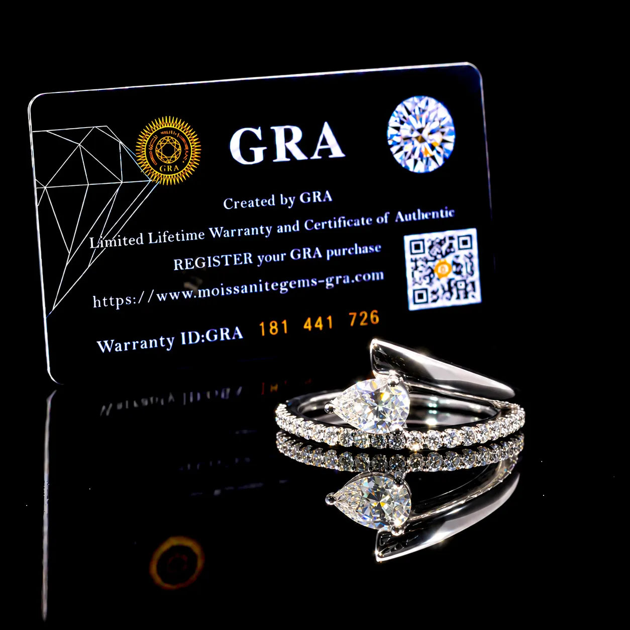Pear Cut Wrap GRA Certified Moissanite Ring in Rhodium Plated 925 Sterling Silver – 0.59 Carat