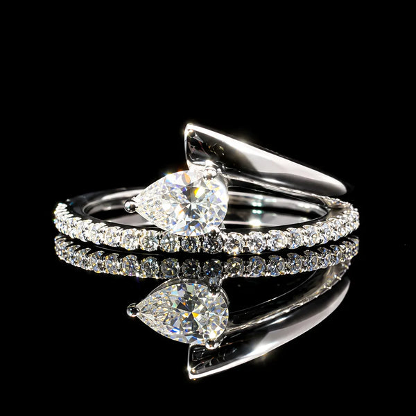 Pear Cut Wrap GRA Certified Moissanite Ring in Rhodium Plated 925 Sterling Silver – 0.59 Carat
