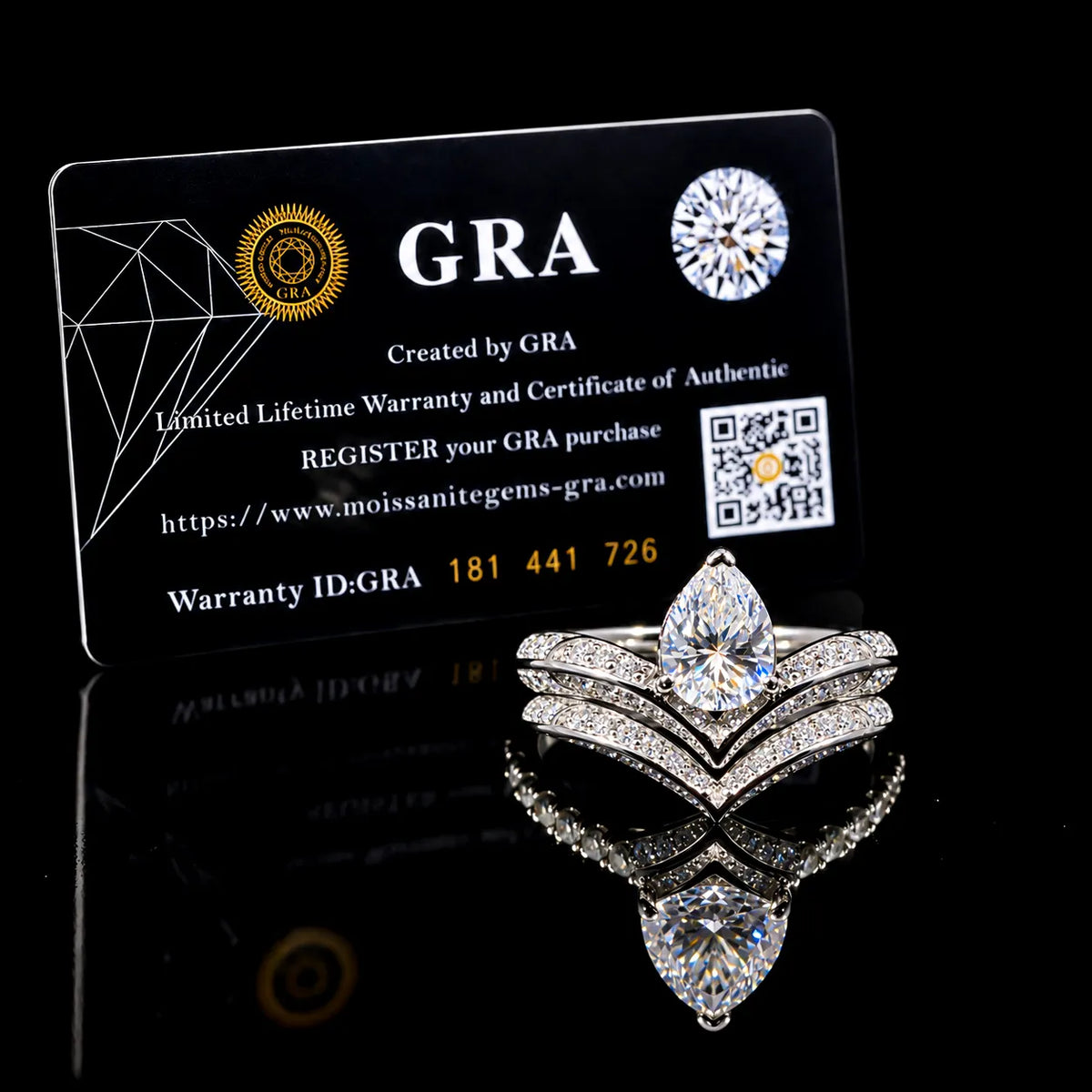 Pear Cut Chevron Dual GRA Certified Moissanite Ring in Rhodium Plated 925 Sterling Silver – 1.94 Carat