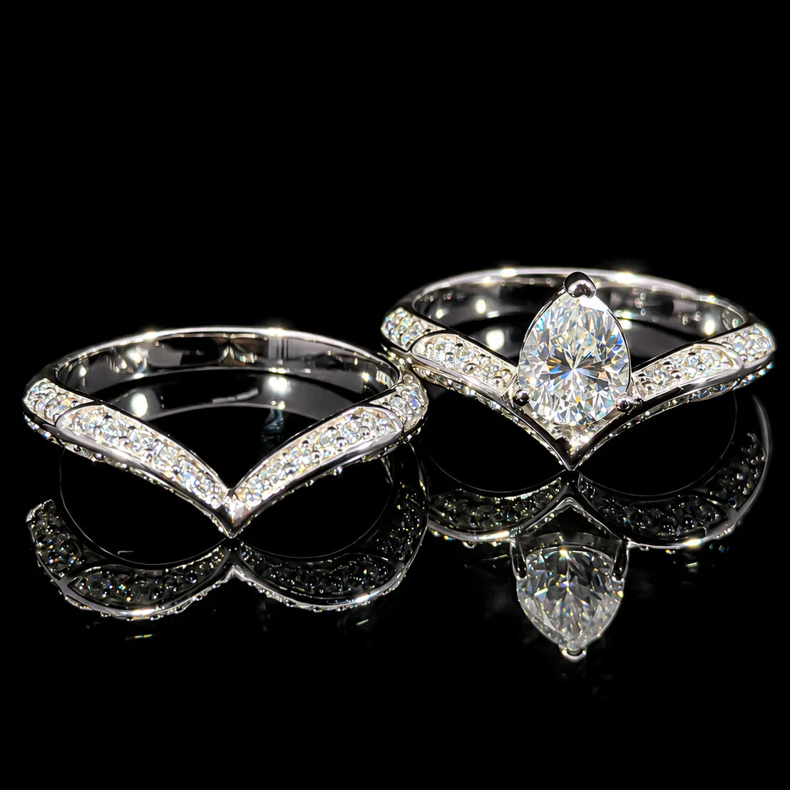Pear Cut Chevron Dual GRA Certified Moissanite Ring in Rhodium Plated 925 Sterling Silver – 1.94 Carat