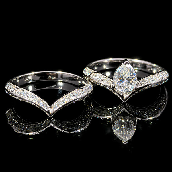 Pear Cut Chevron Dual GRA Certified Moissanite Ring in Rhodium Plated 925 Sterling Silver – 1.94 Carat