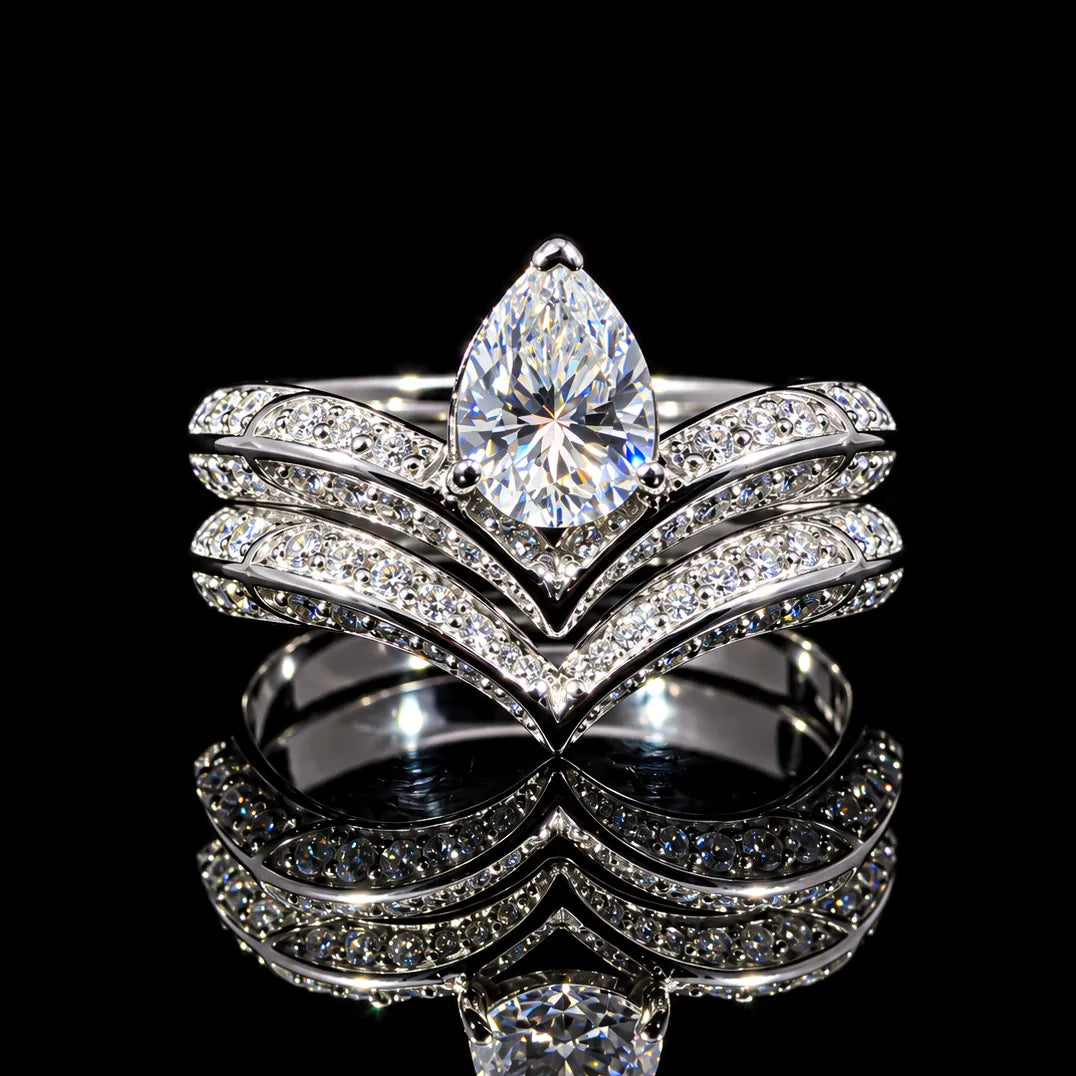 Pear Cut Chevron Dual GRA Certified Moissanite Ring in Rhodium Plated 925 Sterling Silver – 1.94 Carat
