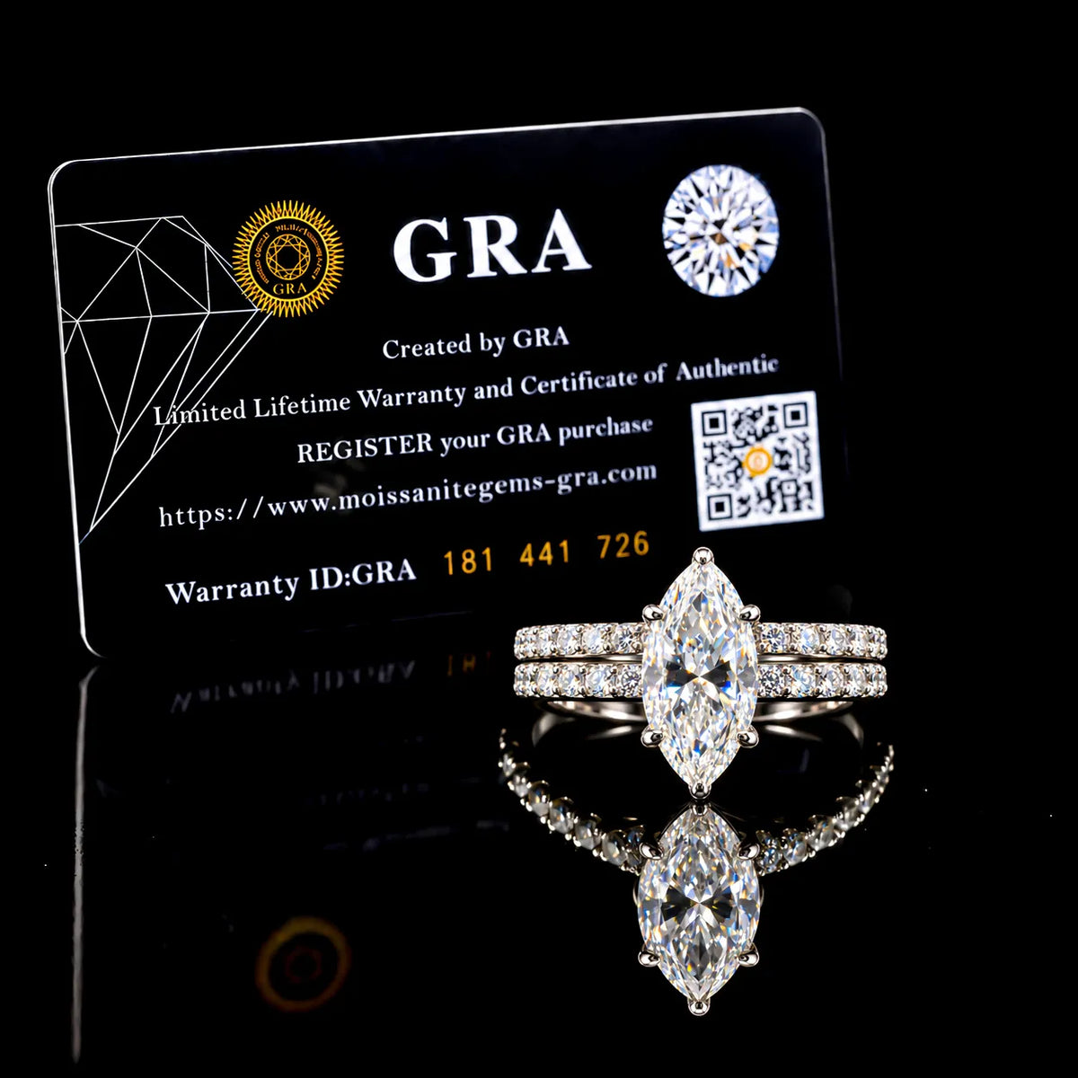 Marquise Cut Dual Wedding Ring GRA Certified Moissanite Ring in Rhodium Plated 925 Sterling Silver – 2.10 Carat