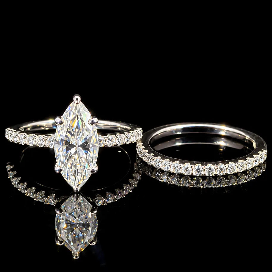 Marquise Cut Dual Wedding Ring GRA Certified Moissanite Ring in Rhodium Plated 925 Sterling Silver – 2.10 Carat