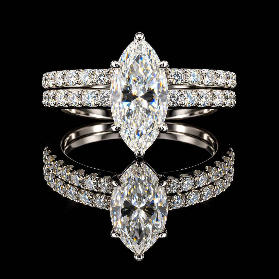 Marquise Cut Dual Wedding Ring GRA Certified Moissanite Ring in Rhodium Plated 925 Sterling Silver – 2.10 Carat