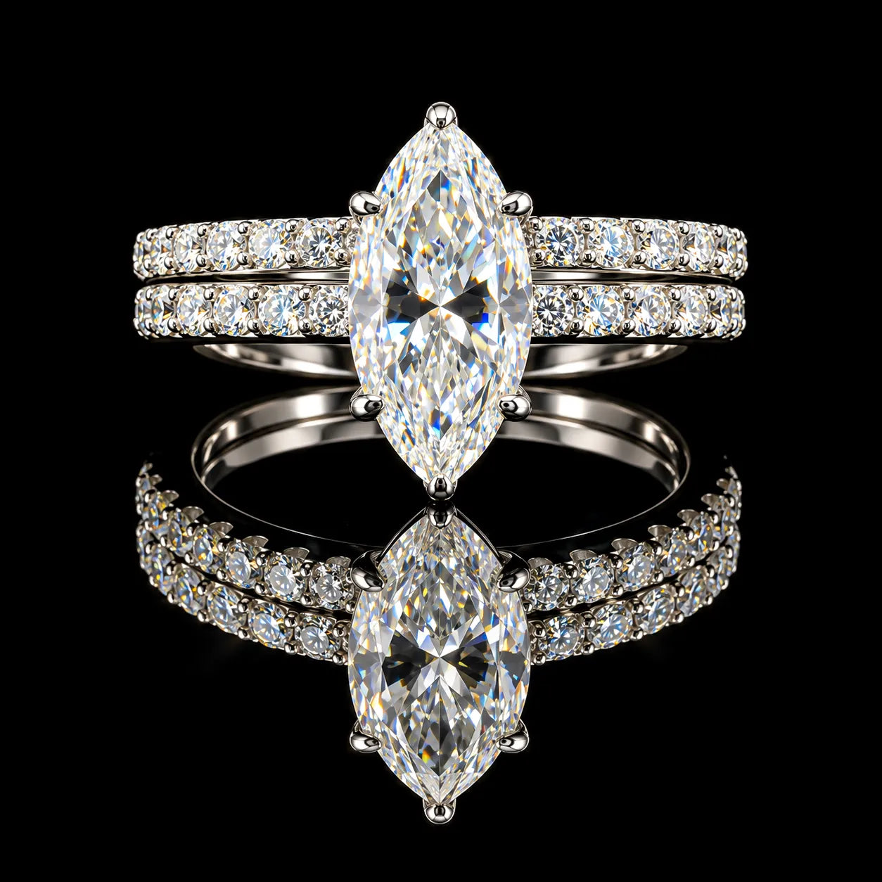 Marquise Cut Dual Wedding Ring GRA Certified Moissanite Ring in Rhodium Plated 925 Sterling Silver – 2.10 Carat