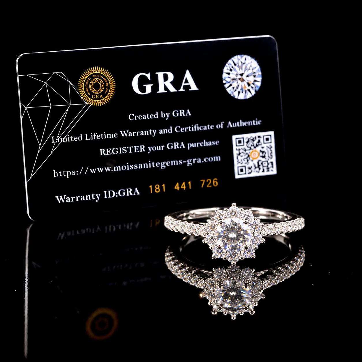 Round Cut Floral Halo GRA Certified Moissanite Ring in Rhodium Plated 925 Sterling Silver – 0.76 Carat