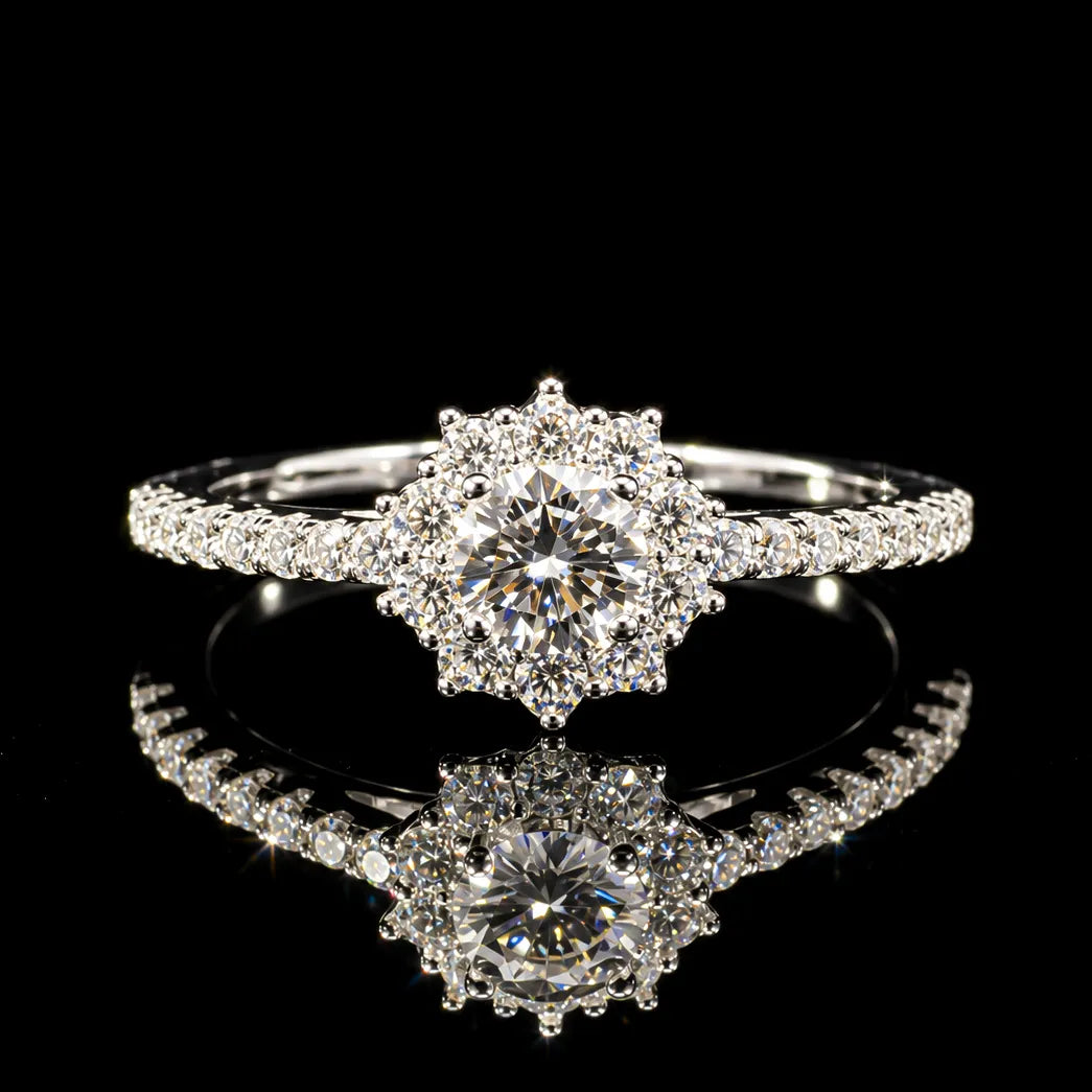 Round Cut Floral Halo GRA Certified Moissanite Ring in Rhodium Plated 925 Sterling Silver – 0.76 Carat