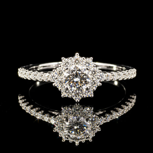 Round Cut Floral Halo GRA Certified Moissanite Ring in Rhodium Plated 925 Sterling Silver – 0.76 Carat
