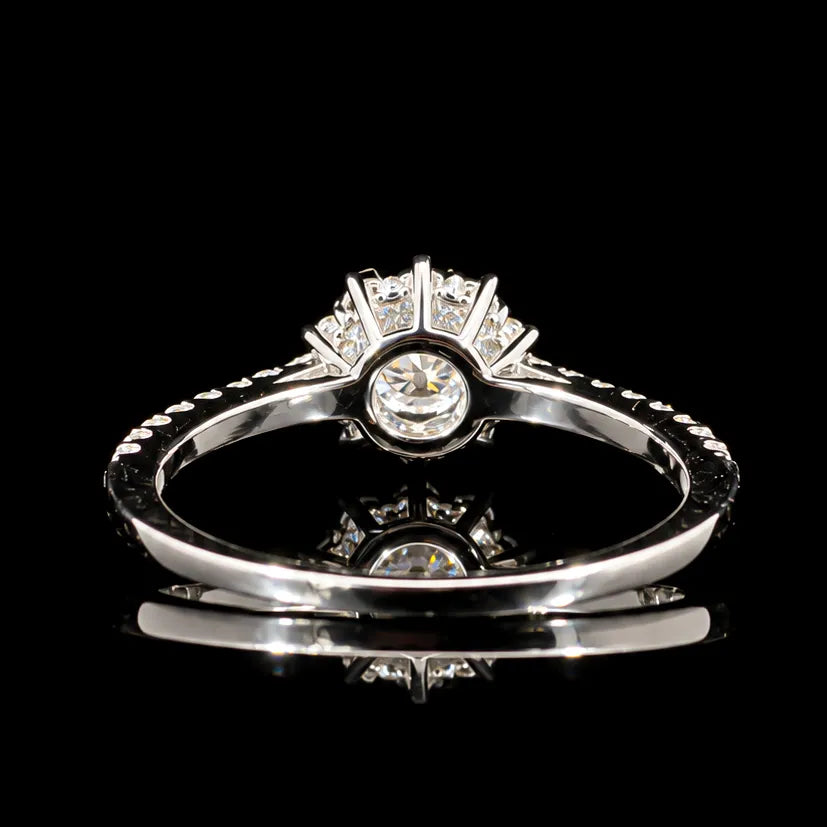 Round Cut Floral Halo GRA Certified Moissanite Ring in Rhodium Plated 925 Sterling Silver – 0.76 Carat