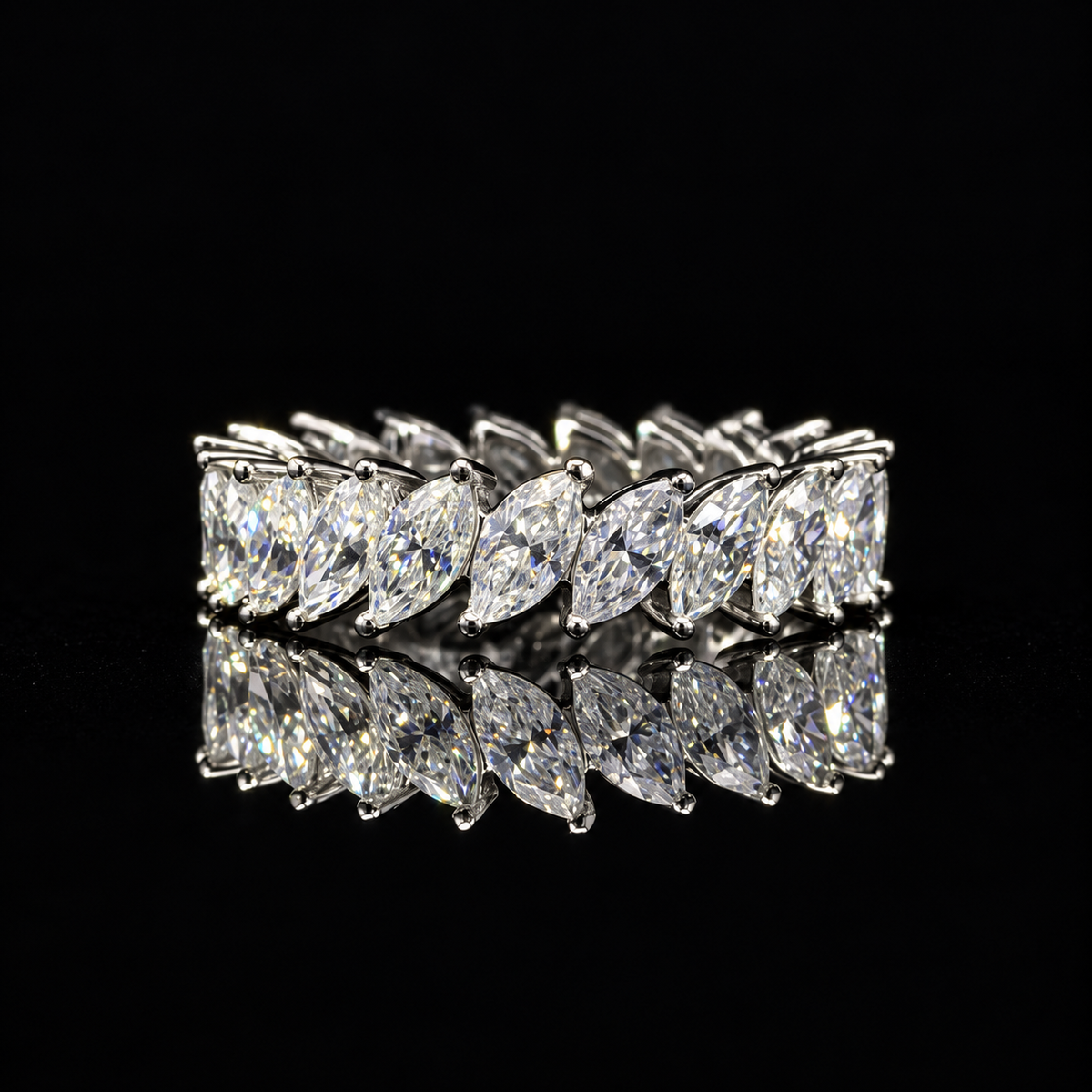 Marquise Cut Eternity GRA Certified Moissanite Ring in Rhodium Plated 925 Sterling Silver – 4.23 Carat