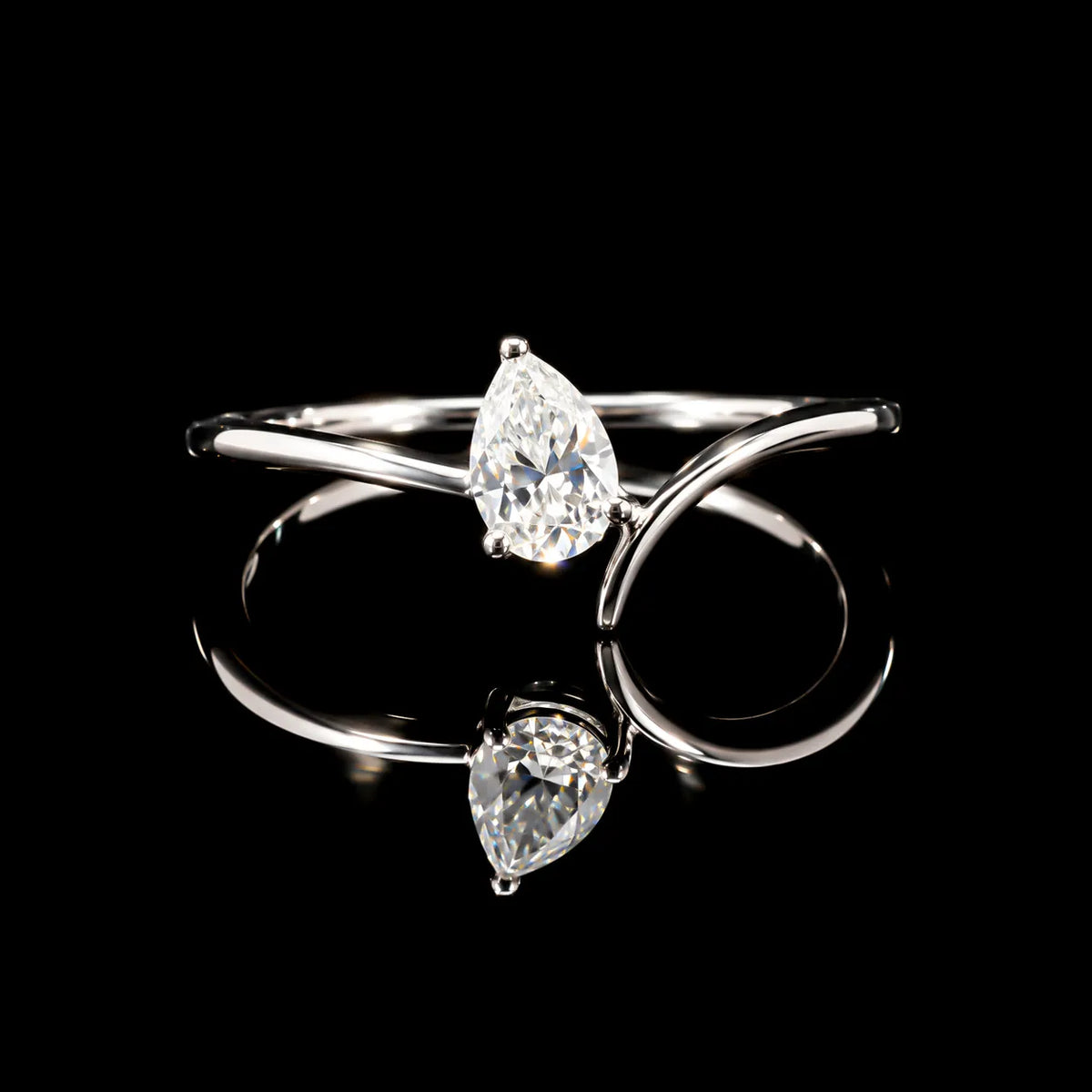 Pear Cut Open Wrap GRA Certified Moissanite Ring in Rhodium Plated 925 Sterling Silver – 0.38 Carat