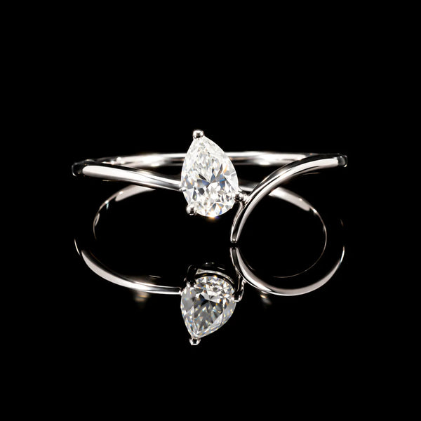 Pear Cut Open Wrap GRA Certified Moissanite Ring in Rhodium Plated 925 Sterling Silver – 0.38 Carat