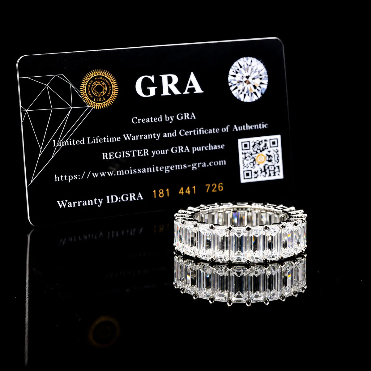 Emerald Cut Eternity GRA Certified Moissanite Ring in Rhodium Plated 925 Sterling Silver – 6.16 Carat