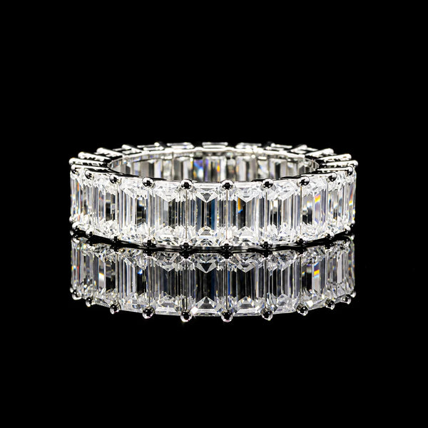 Emerald Cut Eternity GRA Certified Moissanite Ring in Rhodium Plated 925 Sterling Silver – 6.16 Carat