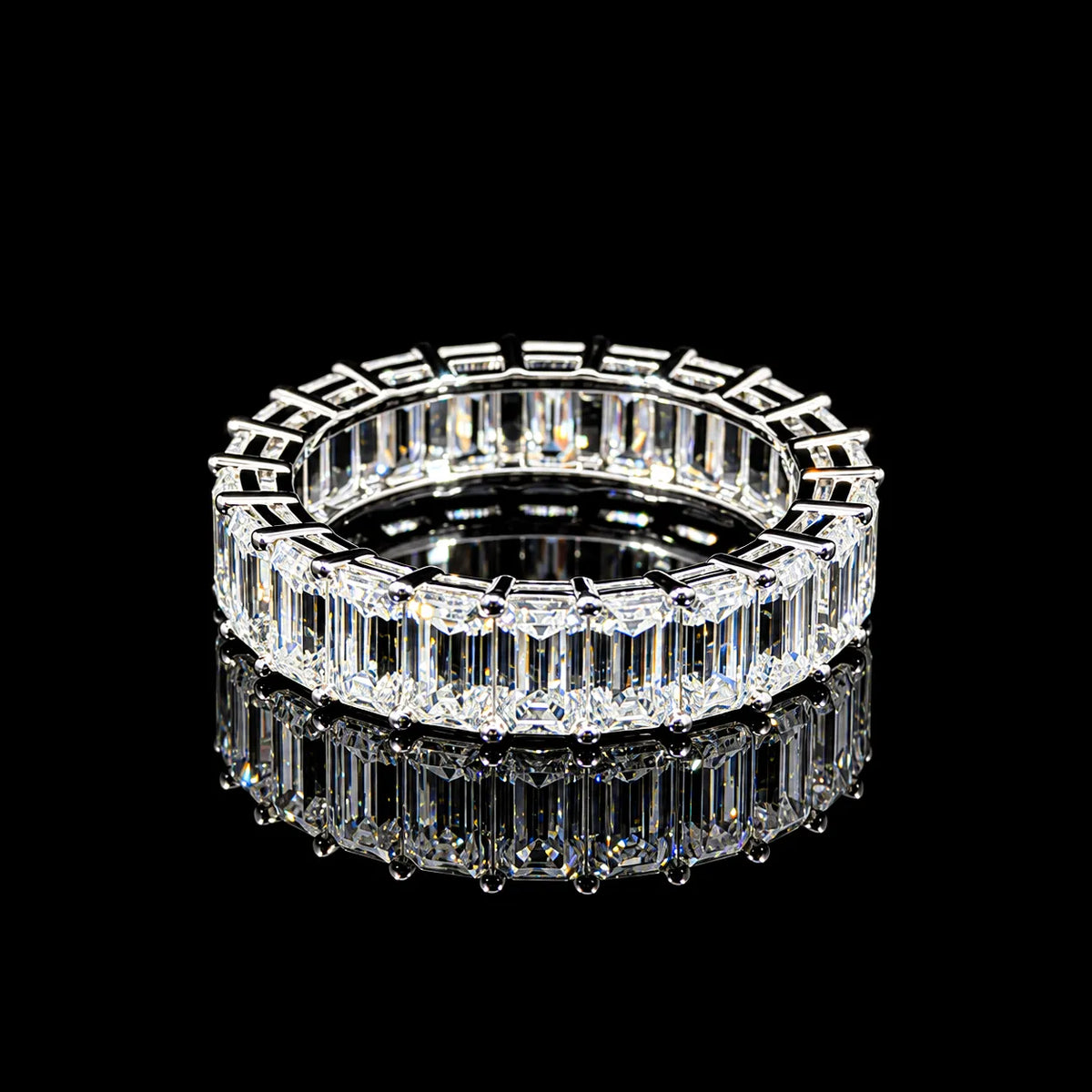Emerald Cut Eternity GRA Certified Moissanite Ring in Rhodium Plated 925 Sterling Silver – 6.16 Carat