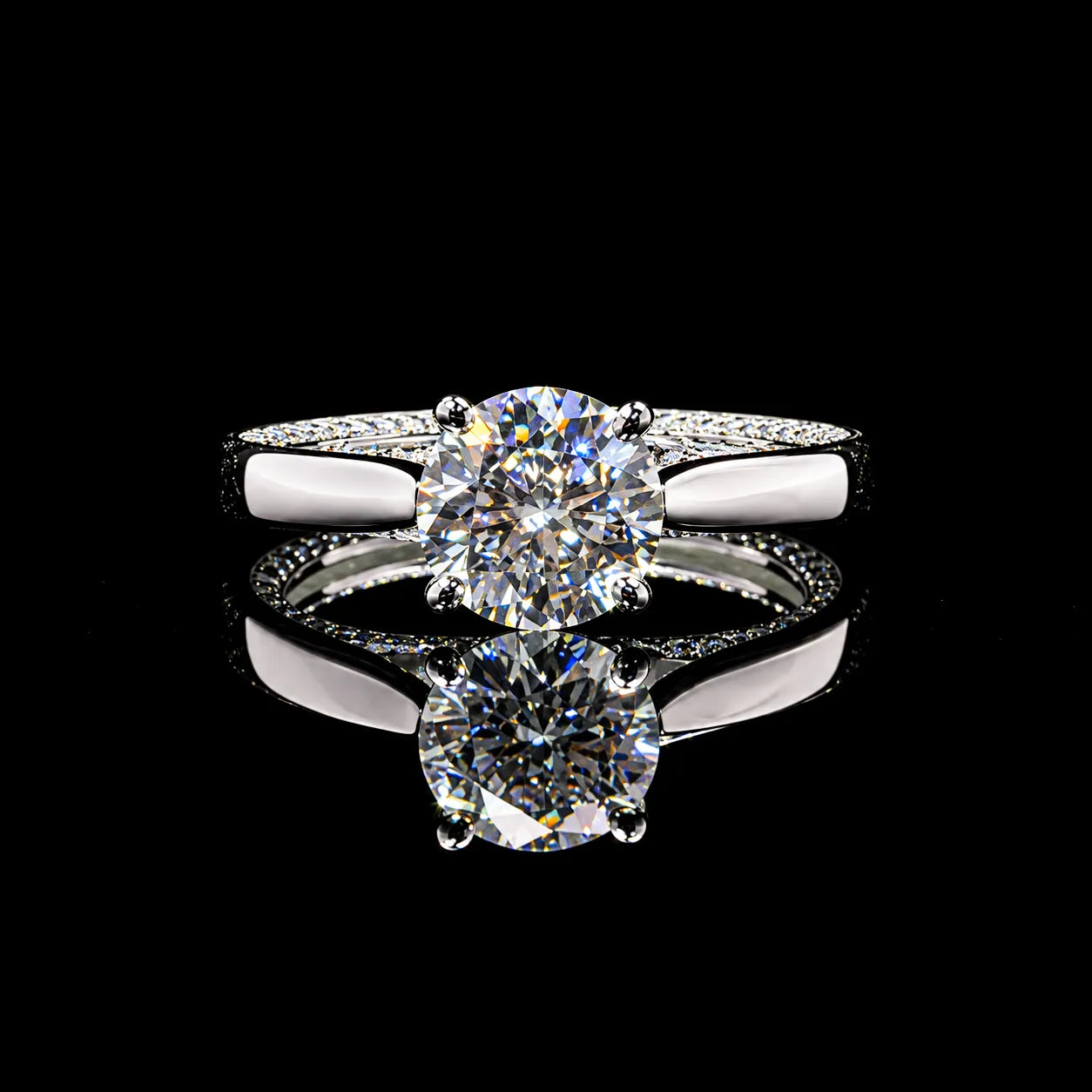 Round Cut Split Shank GRA Certified Moissanite Ring in Rhodium Plated 925 Sterling Silver – 1.69 Carat