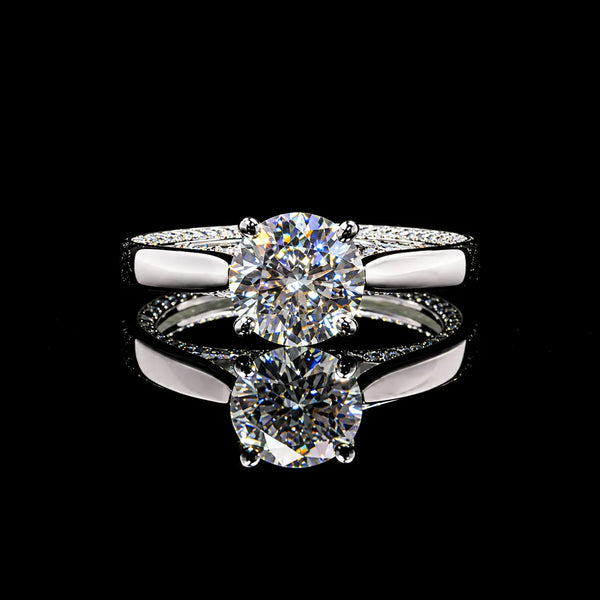 Round Cut Split Shank GRA Certified Moissanite Ring in Rhodium Plated 925 Sterling Silver – 1.69 Carat